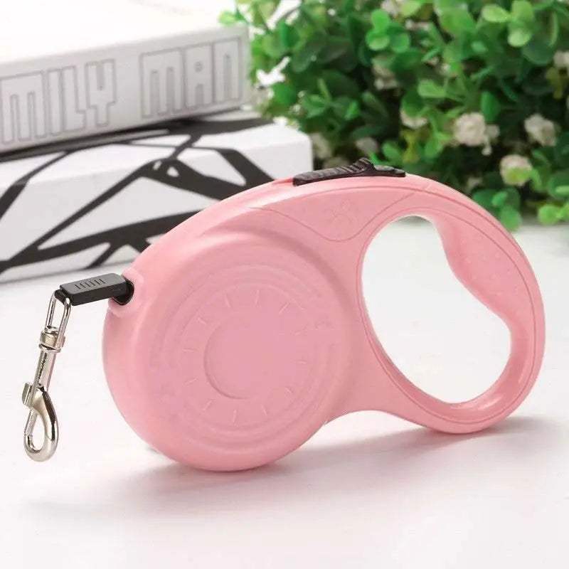 Pink automatic retractable dog leash with durable nylon rope and polished plastic handle for small and medium dogs