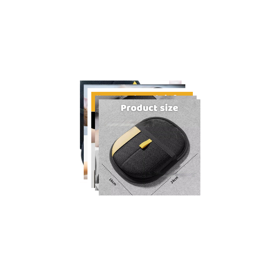 Black and gold product with size label on a white background