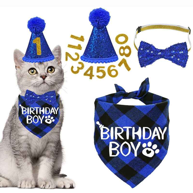 Pet Birthday Cat Costume with Plaid Scarf, Glitter Hat, and Sequined Bow Tie Suit Arrangement - Johns Pet Store