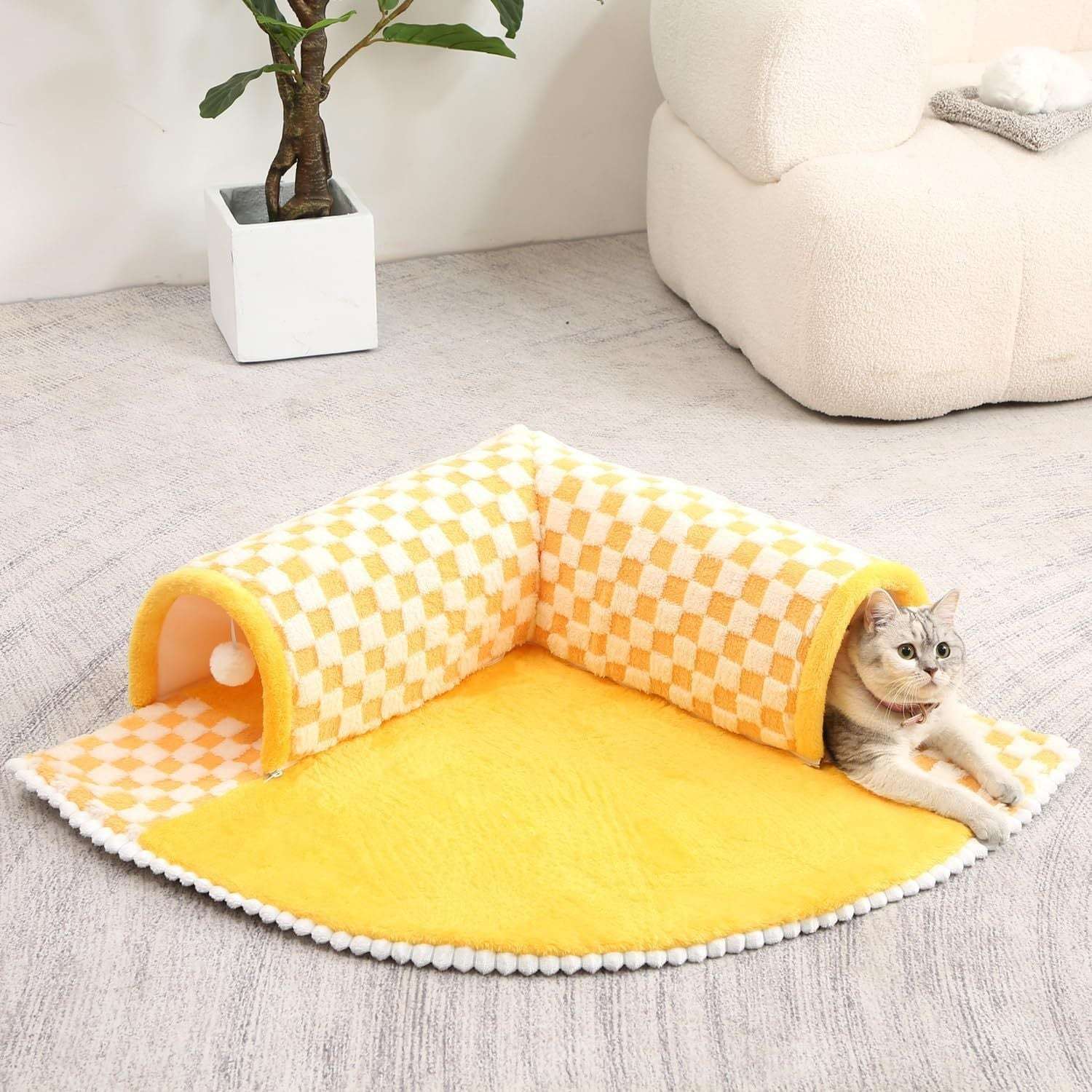2 In 1 Dog Cat Bed Tunnel Plush Plaid For Pets - Cozy Secure Sleep And Playful Retreat - Johns Pet Store