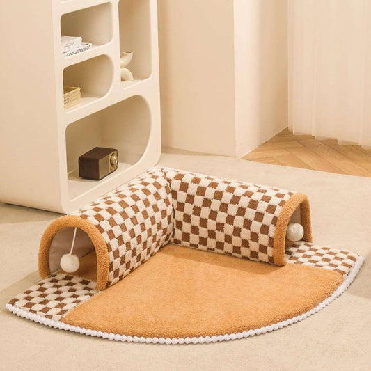 2 In 1 Dog Cat Bed Tunnel Plush Plaid For Pets - Cozy Secure Sleep And Playful Retreat - Johns Pet Store