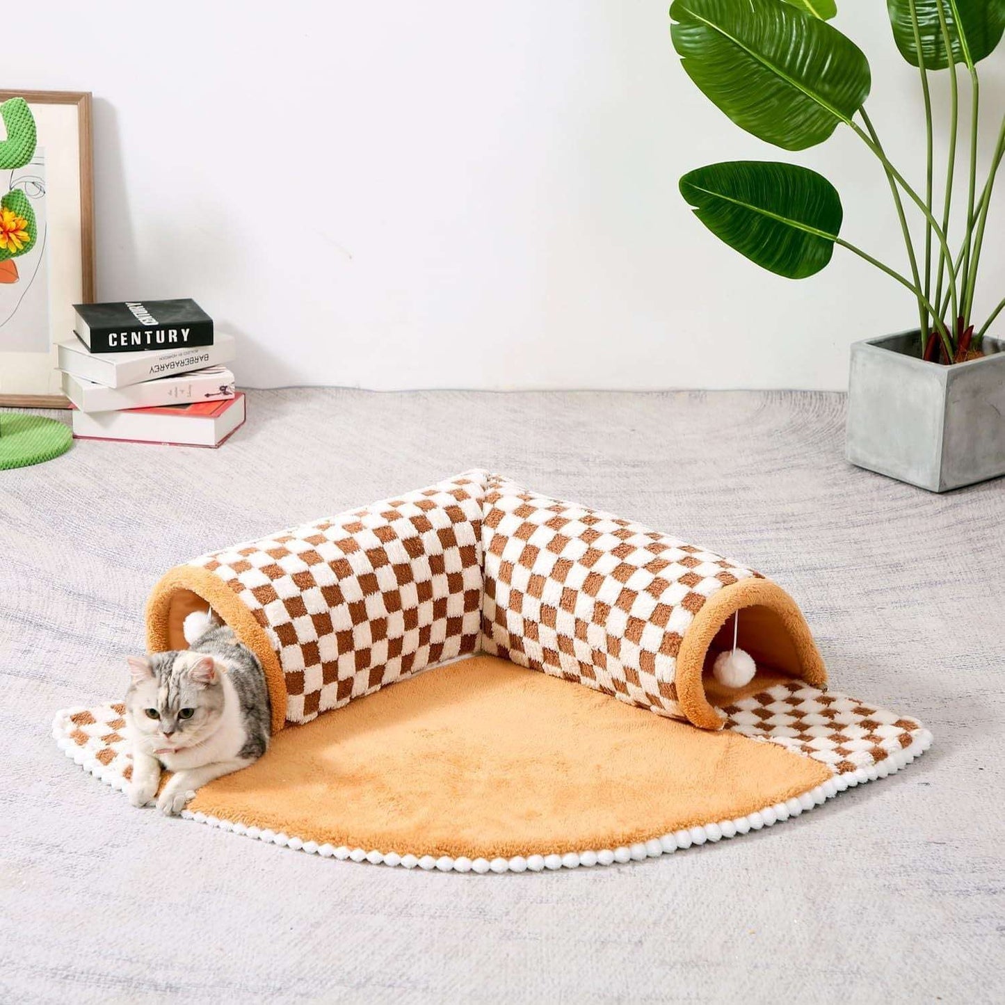2 In 1 Dog Cat Bed Tunnel Plush Plaid For Pets - Cozy Secure Sleep And Playful Retreat - Johns Pet Store