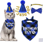 Pet Birthday Cat Costume with Plaid Scarf, Glitter Hat, and Sequined Bow Tie Suit Arrangement - Johns Pet Store