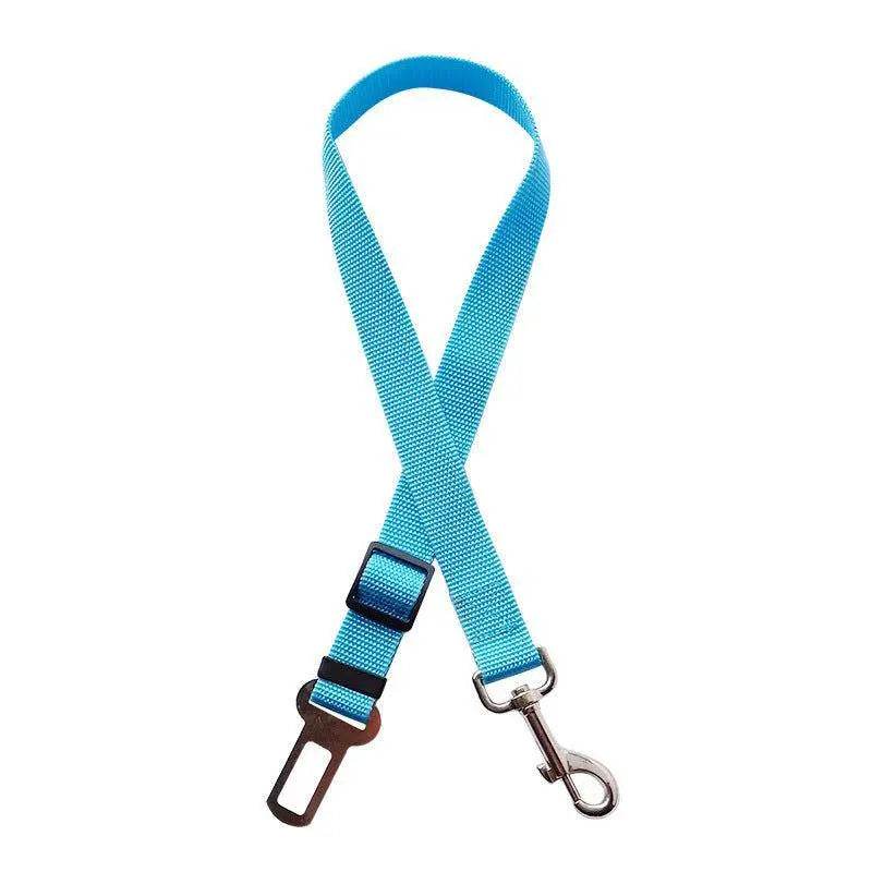Adjustable blue nylon pet car seat belt with swivel snap and metal buckle for safe travel