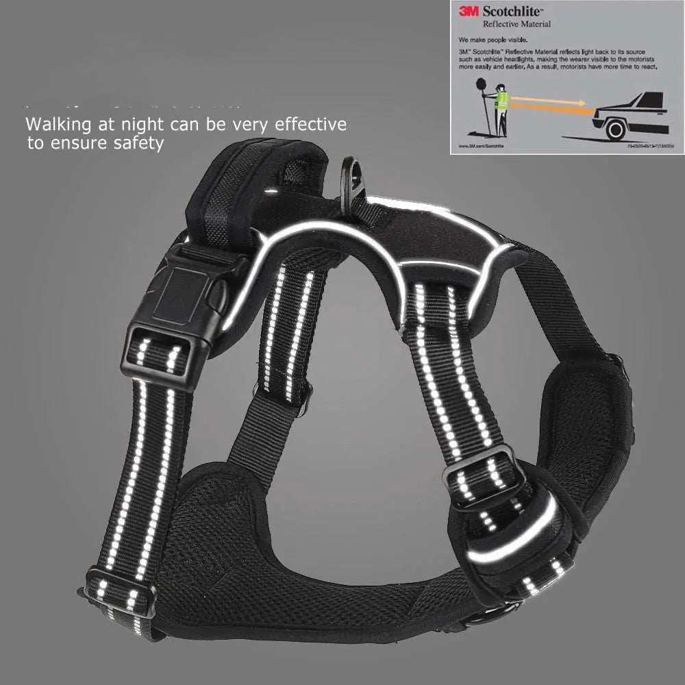 Breathable reflective pet harness in black with safety reflective strips for dogs, adjustable and durable polyester construction.