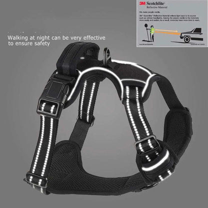Breathable reflective pet harness in black with safety reflective strips for dogs, adjustable and durable polyester construction.