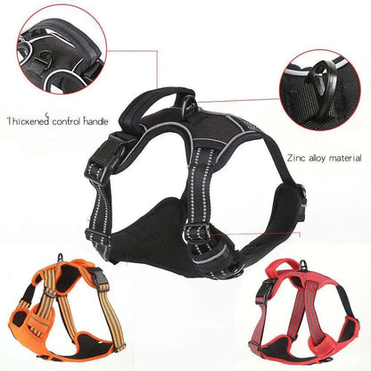 Breathable reflective pet harness vest in black, red, and fluorescent orange with thickened handle and zinc alloy hardware for dogs S to XL sizes