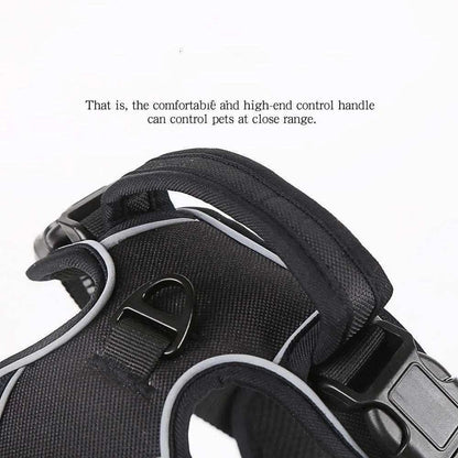 Breathable reflective black pet harness vest with adjustable strap and control handle for dogs