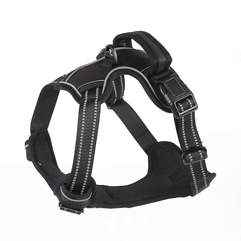 Breathable reflective pet harness in black with adjustable straps for dogs size S to XL