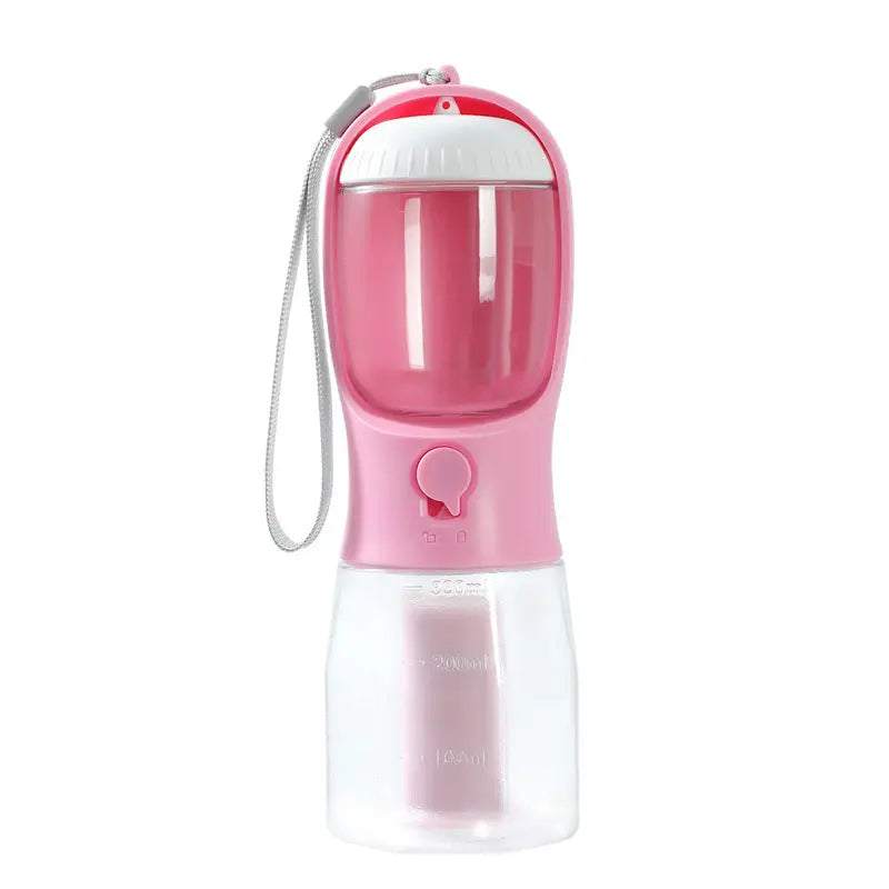 Pink three-in-one dog water cup with 300ml reservoir, food container, and waste bag dispenser