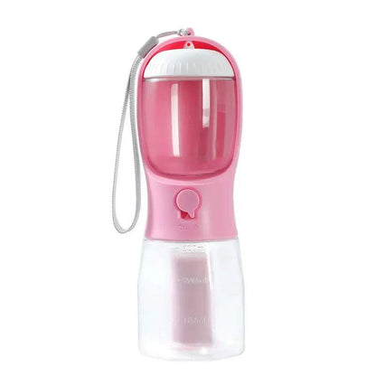 Pink three-in-one dog water cup with 300ml reservoir, food container, and waste bag dispenser