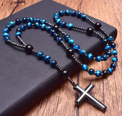 Natural Blue Tiger Eye Cross Pendant Necklace for Men