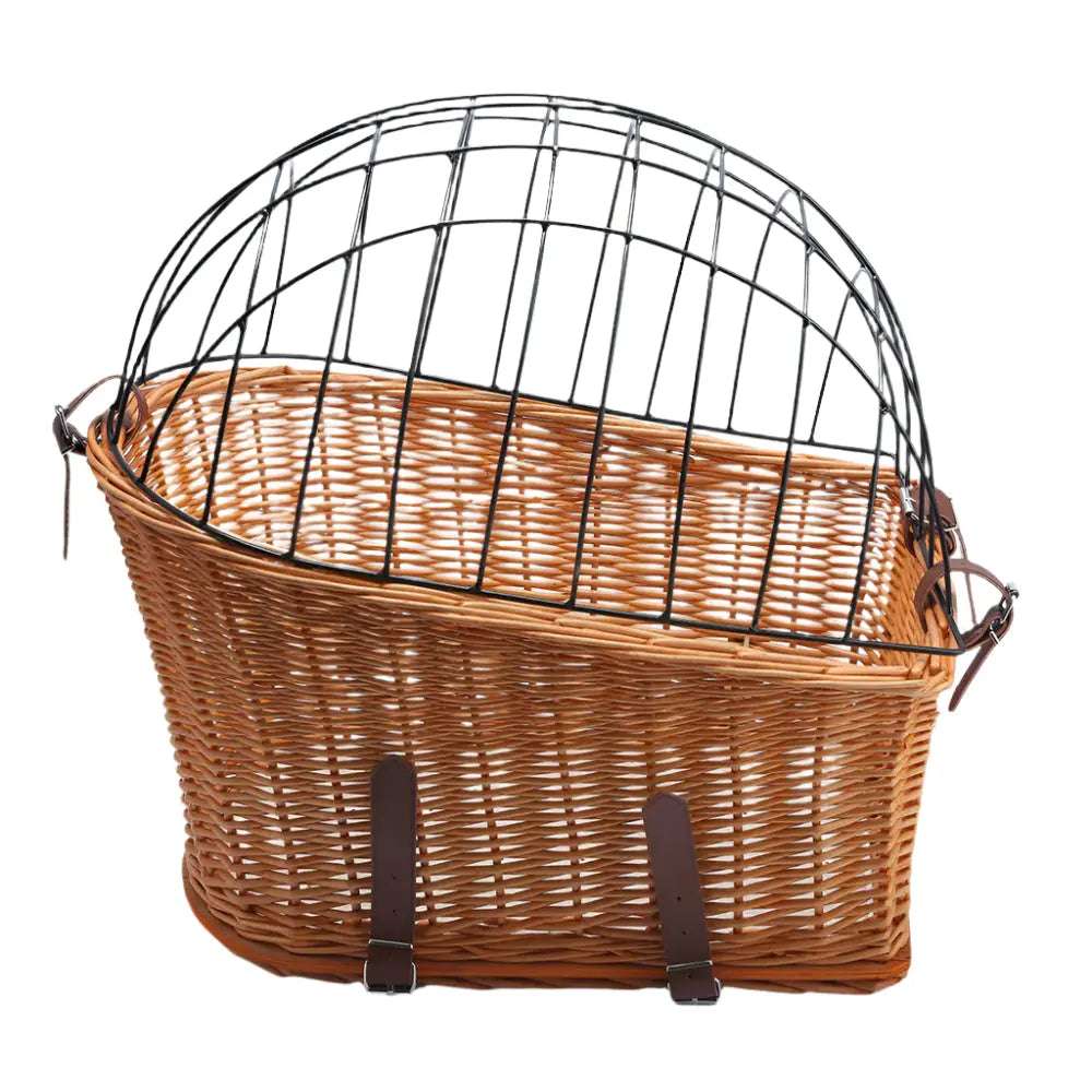 Rattan bicycle rear basket for pets with metal safety cage and leather straps