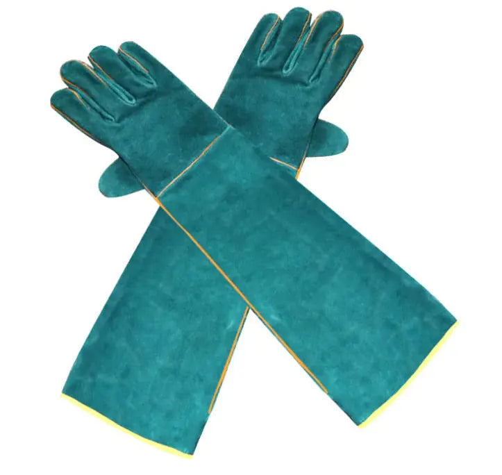 Premium green reptile resistant gloves made of durable cowhide for safe handling and protection during reptile care