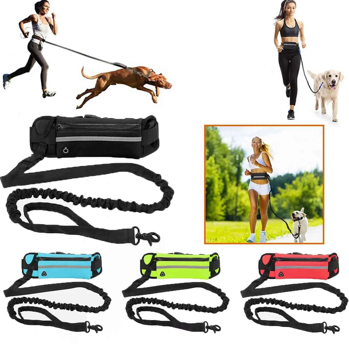 Hands-Free Dog Leash with Reflective Waist Bag | Elastic Retractable Dog Traction Rope for Running & Walking