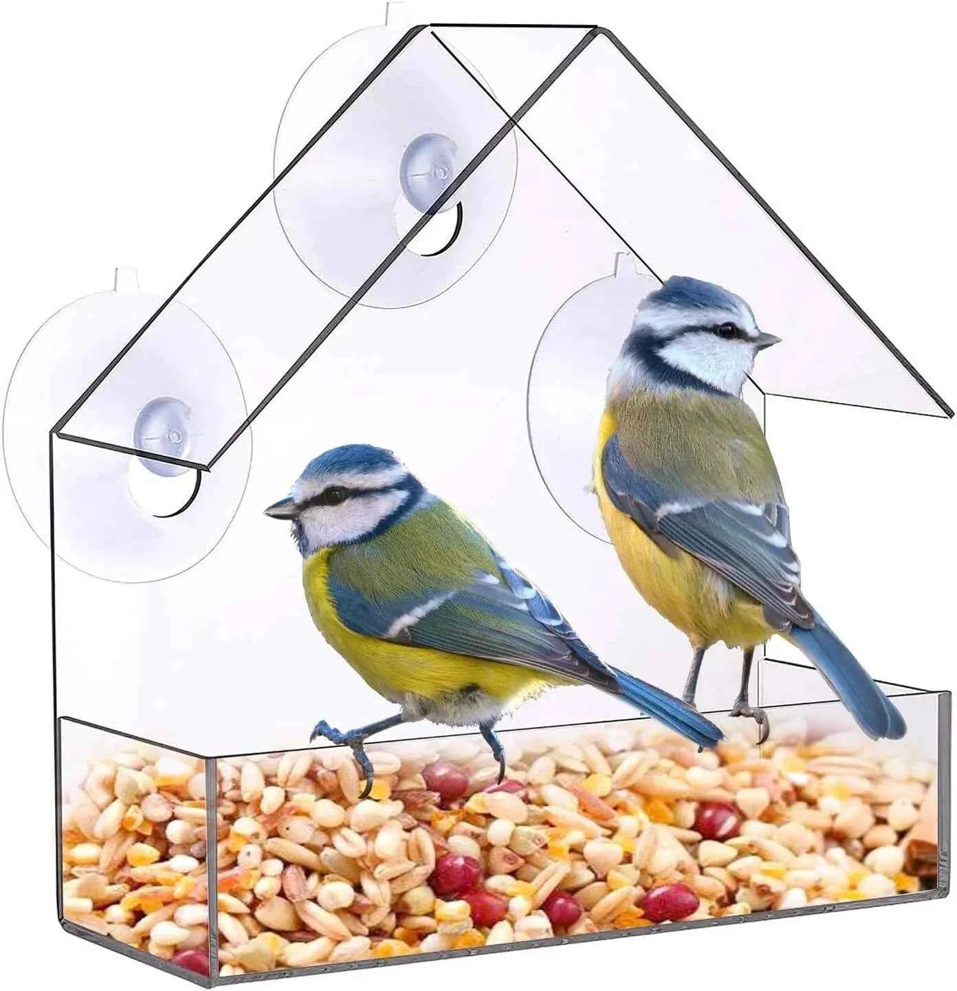 Acrylic Window Bird Feeder - Clear Hanging Outdoor Bird Feeder with Suction Cups for Garden and Backyard Wildlife