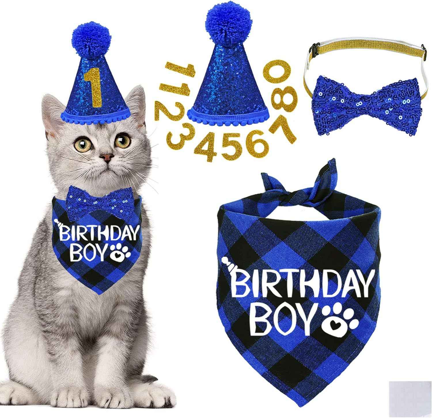 Pet Birthday Cat Costume with Plaid Scarf, Glitter Hat, and Sequined Bow Tie Suit Arrangement - Johns Pet Store