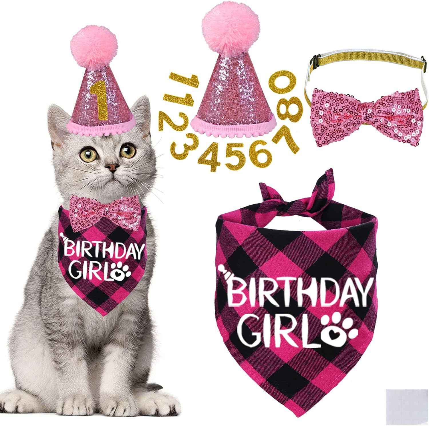 Pet Birthday Cat Costume with Plaid Scarf, Glitter Hat, and Sequined Bow Tie Suit Arrangement - Johns Pet Store
