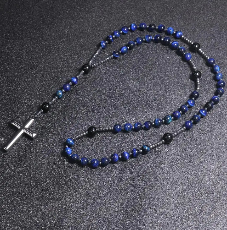 Jewellery Natural Blue Tiger Eye Cross Pendant Necklace Featuring Genuine Stone And Durable Chain - Johns Pet Store
