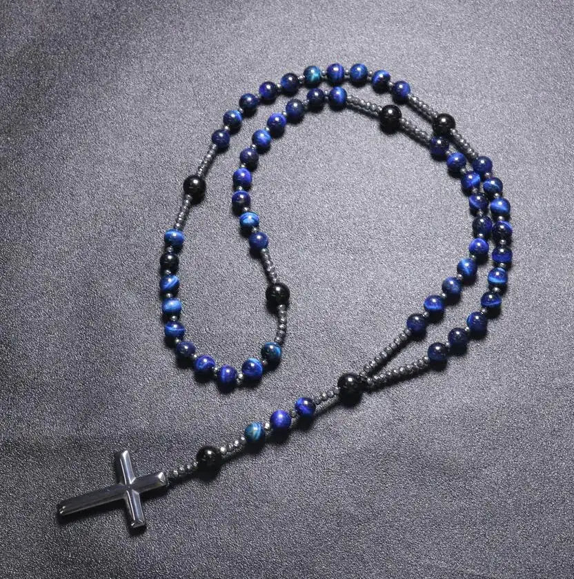 Jewellery Natural Blue Tiger Eye Cross Pendant Necklace Featuring Genuine Stone And Durable Chain - Johns Pet Store