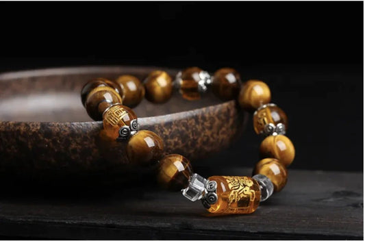 Jewellery Natural Tiger Eye Triple Face Fortune Bead Bracelet Unisex 12mm And 10mm Beads - Johns Pet Store